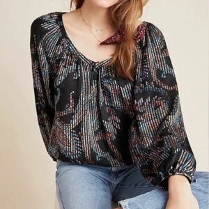 Anthropologie Maeve Madeira Black Satin Shimmer Paisley Floral Blouse size large